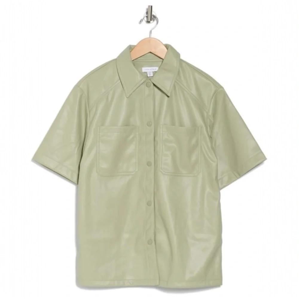 NWT Topshop Sage Green Faux Leather Short Sleeve Shacket - Size 6 - Picture 3 of 7